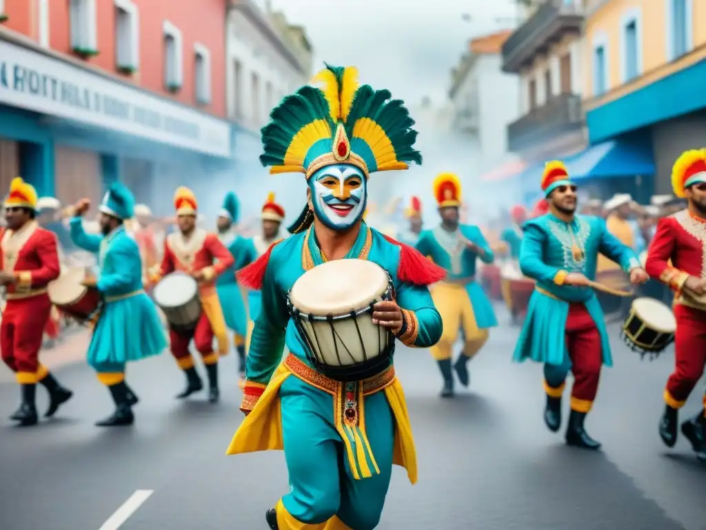 Colorido desfile de Carnaval Uruguayo en ilustración acuarela, con danzas, máscaras y energía festiva