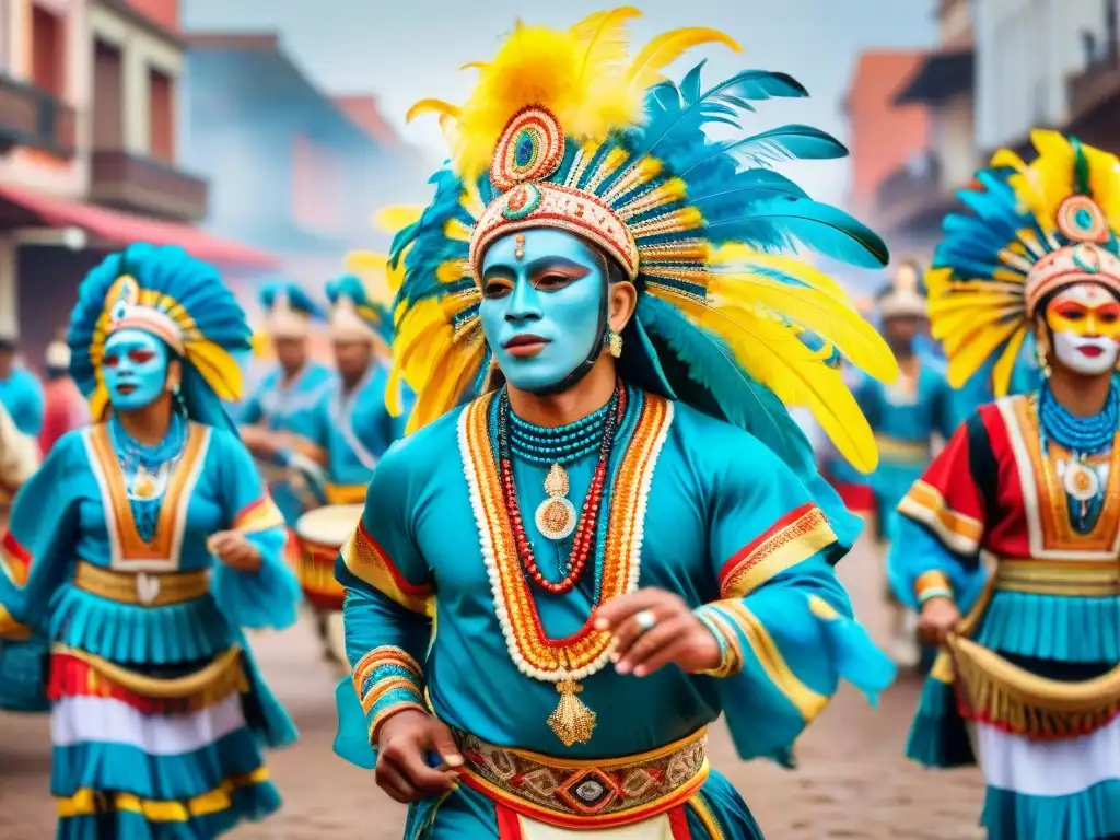 Deslumbrante pintura acuarela del Carnaval Uruguayo Colorido desfile del Carnaval Uruguayo festividades principales con danzarines y tambores Candombe