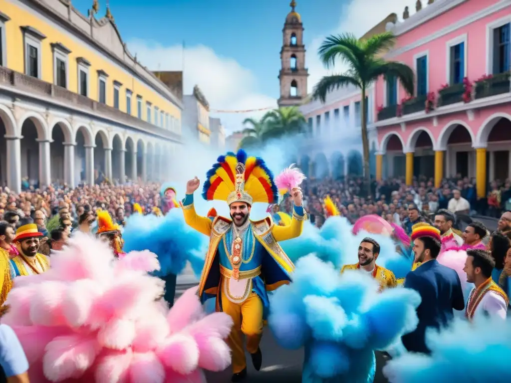 Desfile colorido en el Carnaval Uruguayo: diversidad y alegría LGBT+ Colorido desfile de comparsas LGBT+ en el Carnaval Uruguayo celebrando la diversidad con alegría y unidad