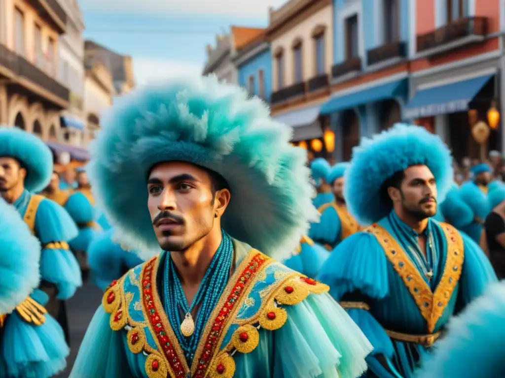 Desfile vibrante: Carnaval Uruguayo en acuarela Colorido desfile del Carnaval Uruguayo con carrozas, bailarines y espectadores, reflejando la emoción y energía