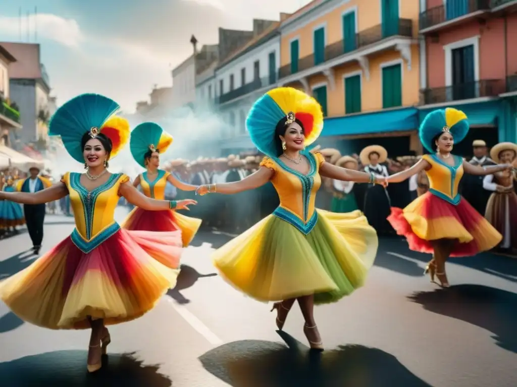 Deslumbrante comparsa en Uruguay: una explosión de color y movimiento Un colorido desfile de comparsas en Uruguay irradia la energía y la identidad cultural de la celebración