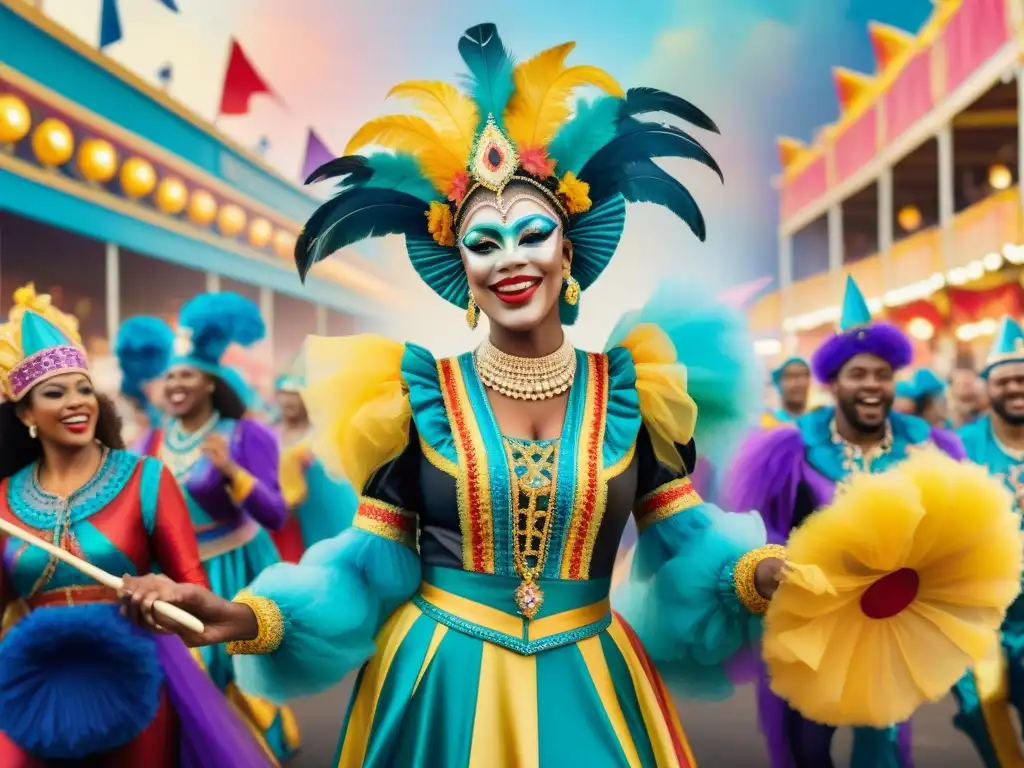 Desfile de Carnaval: Color y Alegría en Acuarela Colorido desfile de danzarines en carnavales, capturando la energía y riqueza cultural de Las Llamadas