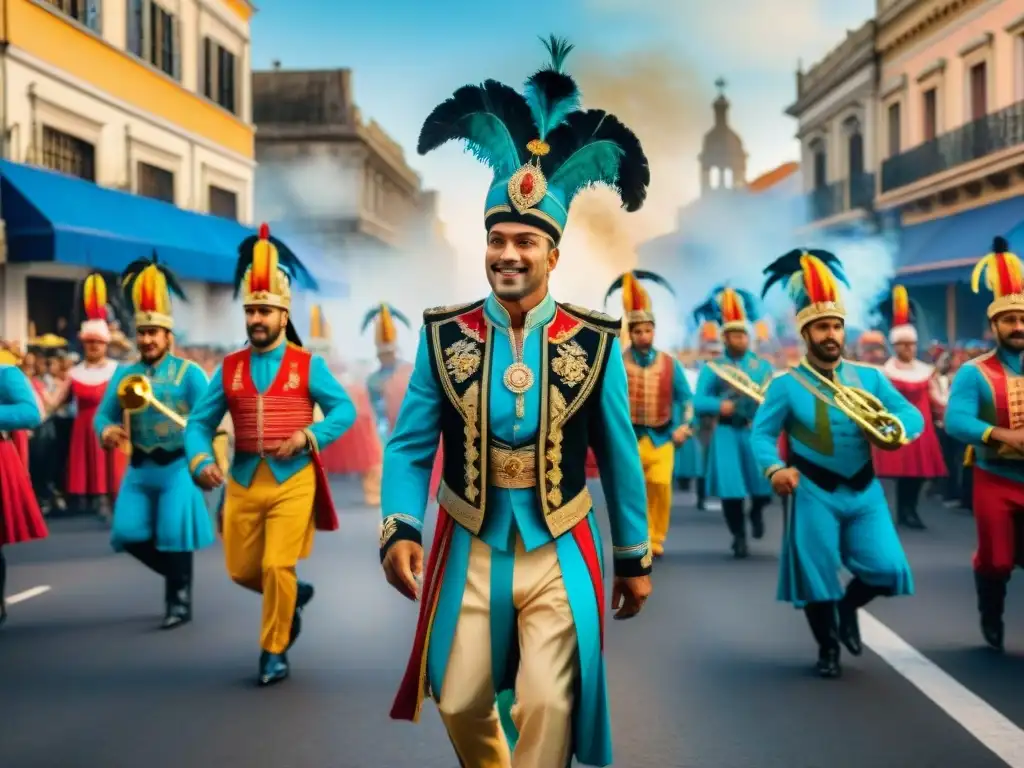 Desfile vibrante en Carnaval Uruguayo Colorido legado musical de Lázaro Salazar en el Carnaval Uruguayo con danzarines y músicos alegres