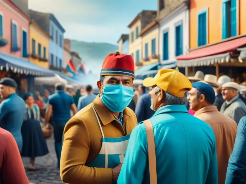 Mercado vibrante en Carnaval: máscaras, colores y música en Uruguay Colorido mercado callejero en el Carnaval de Uruguay con máscaras, trajes y artesanías del Carnaval Uruguayo