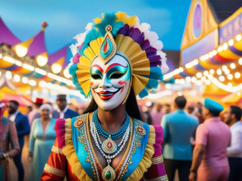 Carnaval vibrante: escena de baile y máscaras en acuarela Colorido mercado carnavalesco con danzas y máscaras, celebrando la rica tradición cultural