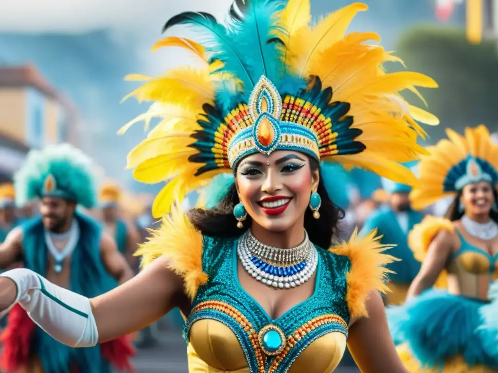 Colorido retrato en acuarela del Carnaval Uruguayo con bailarines y Accesorios Carnaval Uruguayo auténticos