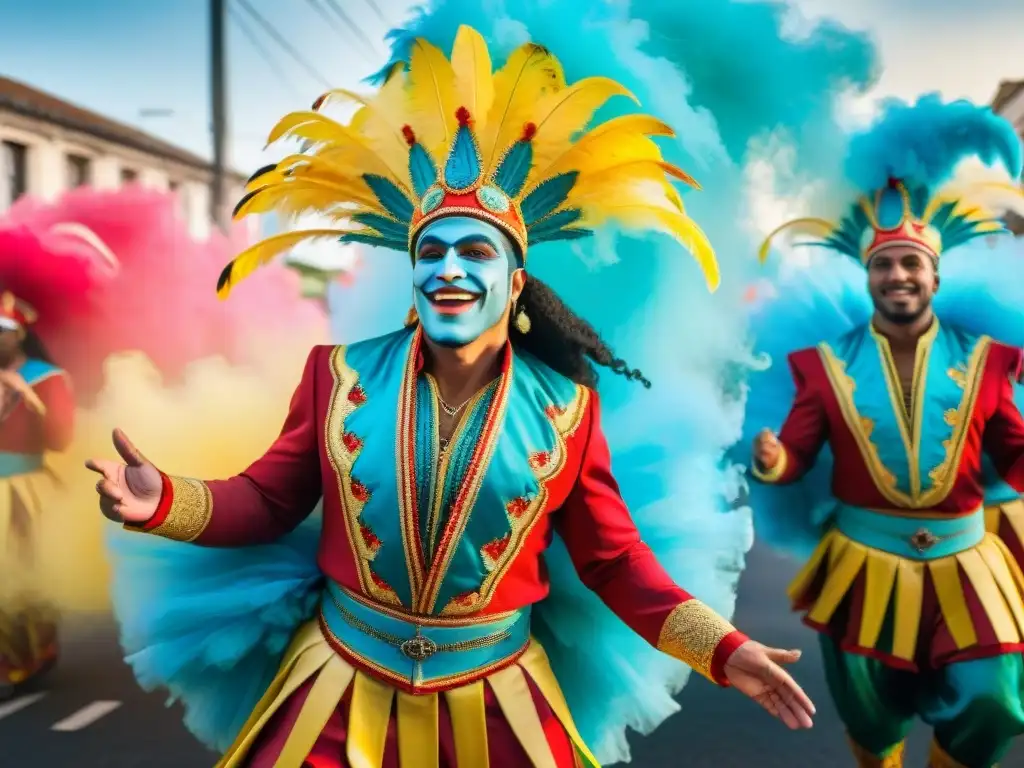 Carnaval de Uruguay: danza y color vibrante Colorido vestuario y baile alegre en el Carnaval de Uruguay, resaltando la historia y tradición