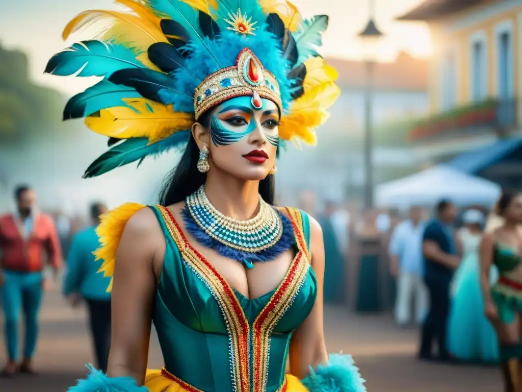 Traje vibrante del Carnaval en Uruguay: acuarela detallada Colorido vestuario del Carnaval en Uruguay evoluciona con detalles vibrantes