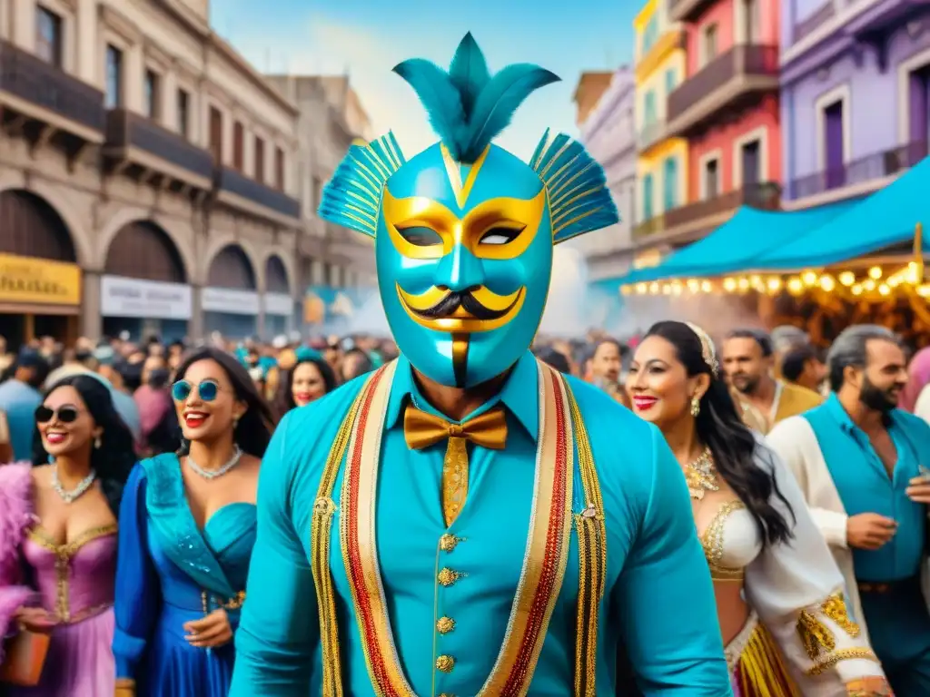 Murga colorida en Montevideo: Carnaval y cultura uruguaya Coloridos murgas desfilan en Montevideo durante Carnaval, entre edificios históricos y murales políticos