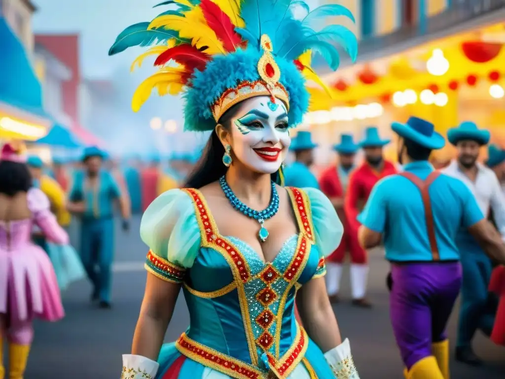 Desfile alegre: Personajes del carnaval uruguayo en trajes vibrantes Coloridos personajes del Carnaval Uruguayo con evolución en vestuarios, plumas y alegría