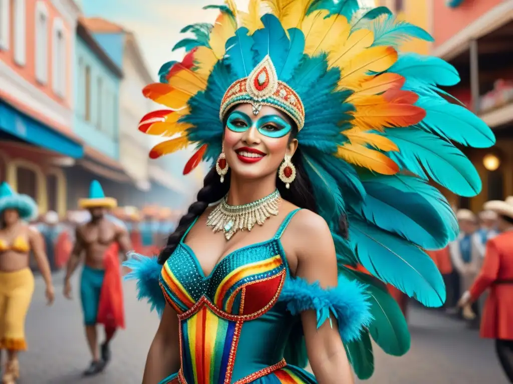 Esplendor de Carnaval en Uruguay: Trajes vibrantes y detallados Coloridos trajes de Carnaval de Uruguay, con detalles y plumas, en una ilustración acuarela
