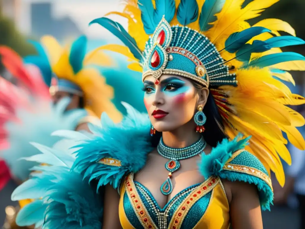 Coloridos trajes de carnaval uruguayo: arte en acuarela Coloridos trajes del Carnaval Uruguayo con detalles de cuentas y plumas, capturando la esencia festiva