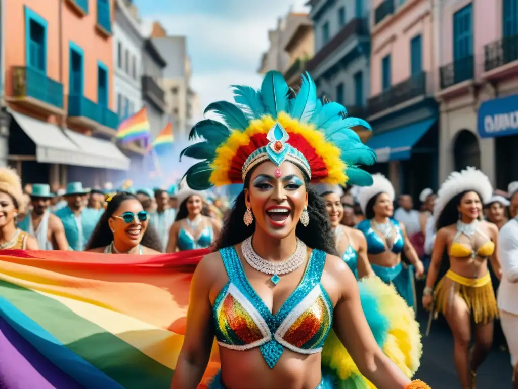 Desfile LGBT+ en el Carnaval de Montevideo: Colorida Comparsa 8K Una comparsa LGBT+ deslumbrante desfila en el Carnaval Uruguayo por las calles de Montevideo