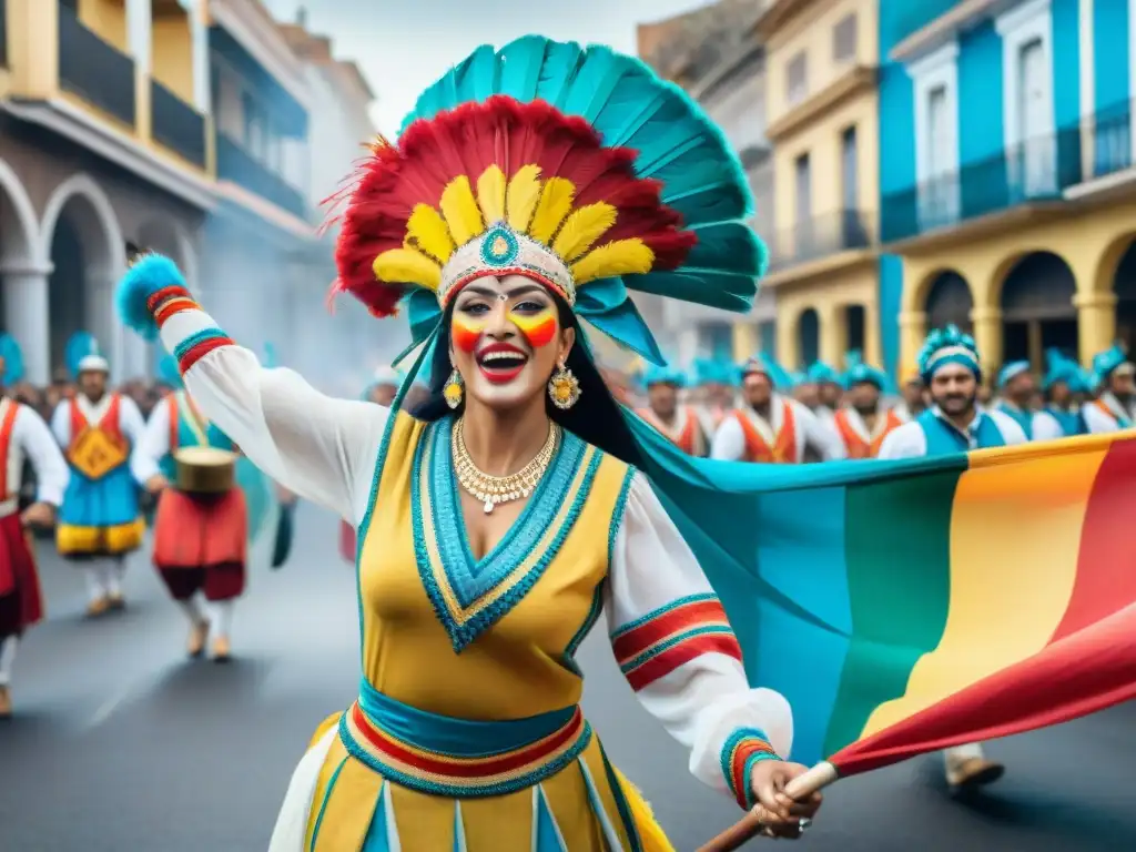 Comparsa uruguaya: baile y color en Carnaval Una comparsa uruguaya deslumbrante en el Carnaval, con trajes llamativos y danzas intrincadas