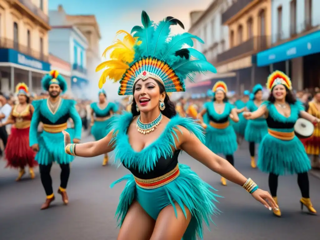 Comparsa uruguaya: danza y color en la ciudad multicultural Una comparsa tradicional uruguaya fusionando elementos globales, impacto de la globalización en comparsas