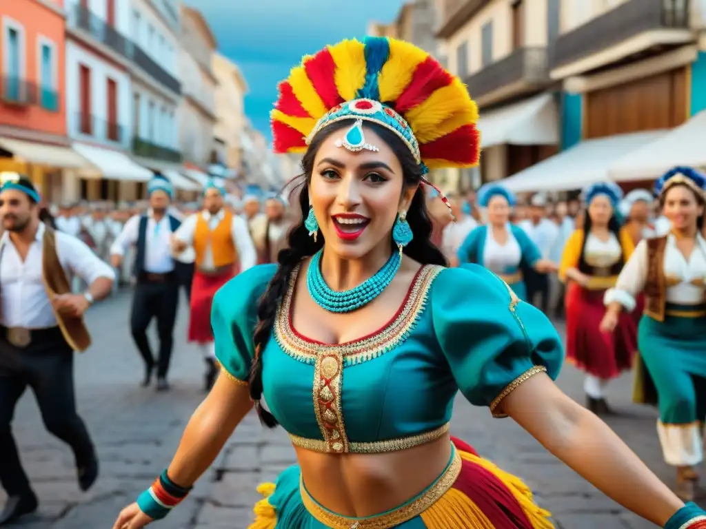 Comparsa uruguaya: danza tradicional y tecnología Una comparsa uruguaya llena de color y energía, fusionando tradición y tecnología