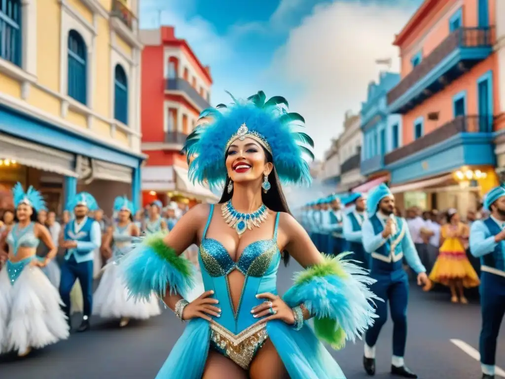 Comparsa de Carnaval en Montevideo: colorida danza urbana Una comparsa vibrante desfila por Montevideo en el Carnaval Uruguayo, con trajes de significados diversos