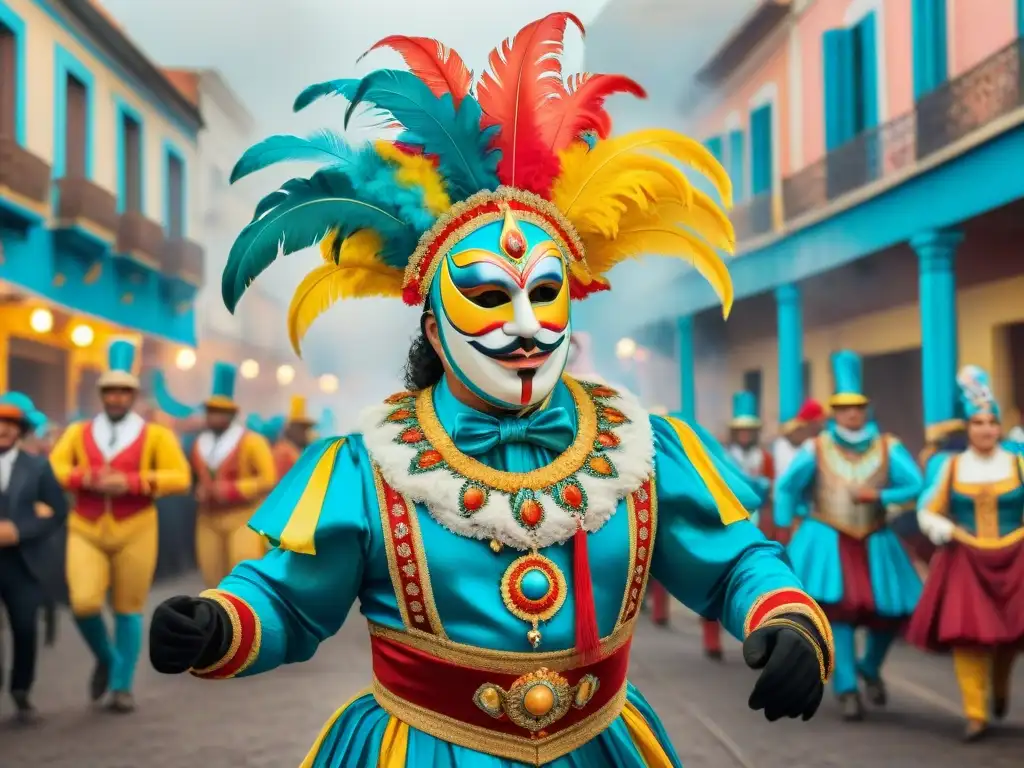 Comparsa de Carnaval en Uruguay: Explosión de creatividad y alegría Una comparsa vibrante y detallada del Carnaval Uruguayo, con artistas enmascarados y trajes coloridos bailando en las calles