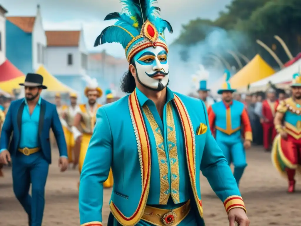 Vibrante evolución: Comparsas del Carnaval Uruguayo Transformación de comparsas en el Carnaval Uruguayo: pintura acuarela vibrante, mezcla de elementos tradicionales y modernos