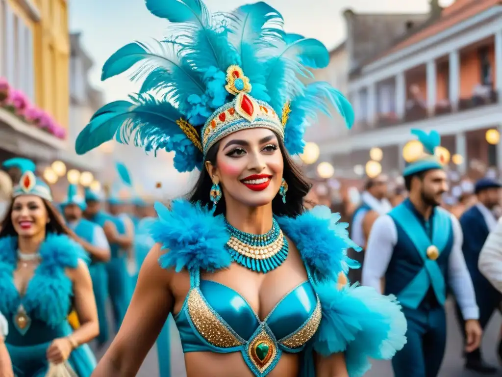 Transformación de comparsas en íconos uruguayos: colorido desfile de carnaval con trajes y plumas, espectadores vitoreando