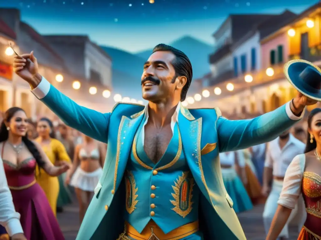 El Sabalero en Carnaval Uruguayo: pintura acuarela detallada Conmovedora acuarela detallada del legado musical de José Carbajal en el Carnaval Uruguayo, con vibrante escenario y coloridos trajes