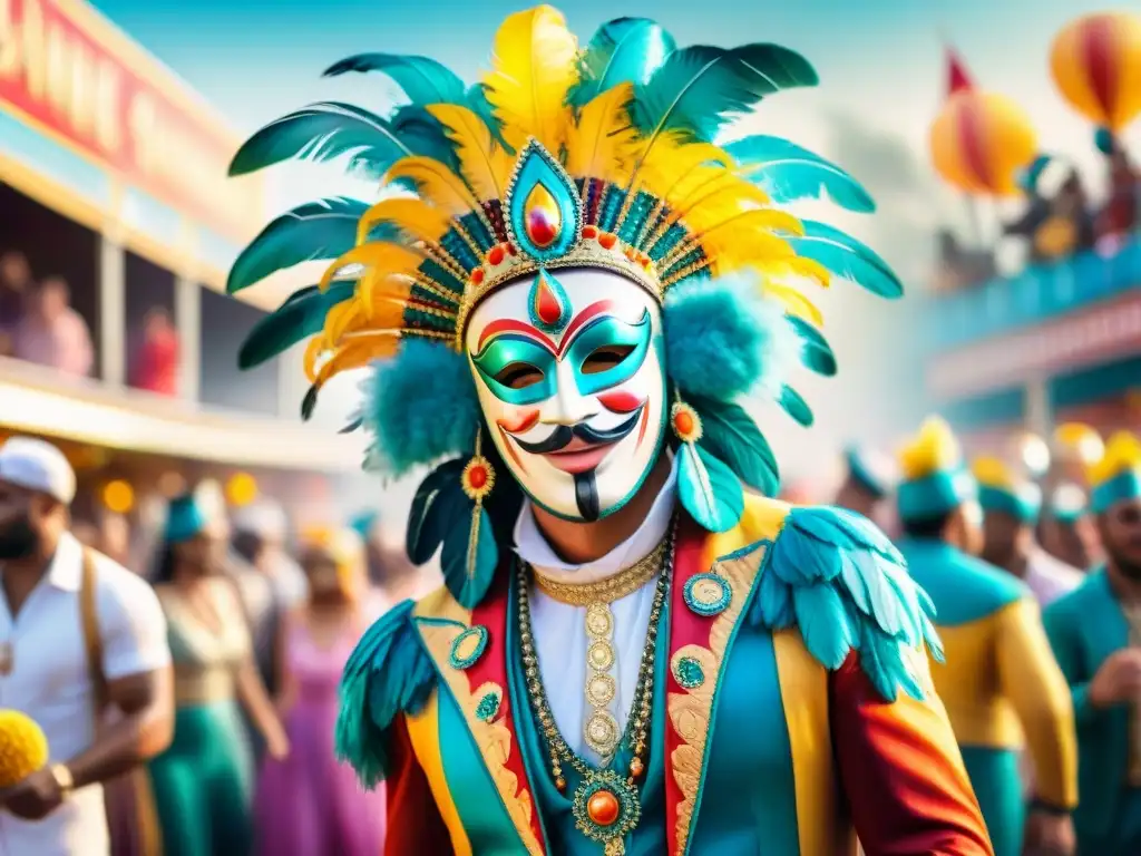 Escena de carnaval vibrante y colorida Consejos para destacar en Carnaval: Ilustración vibrante de un bullicioso desfile con artistas coloridos y espectadores animados