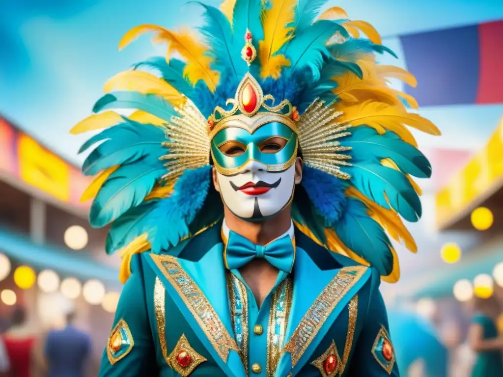 Traje de carnaval uruguayo: vibrante ilustración acuarela Consejos diseño vestuarios Carnaval Uruguayo: Traje de carnaval colorido y detallado en estilo tradicional uruguayo