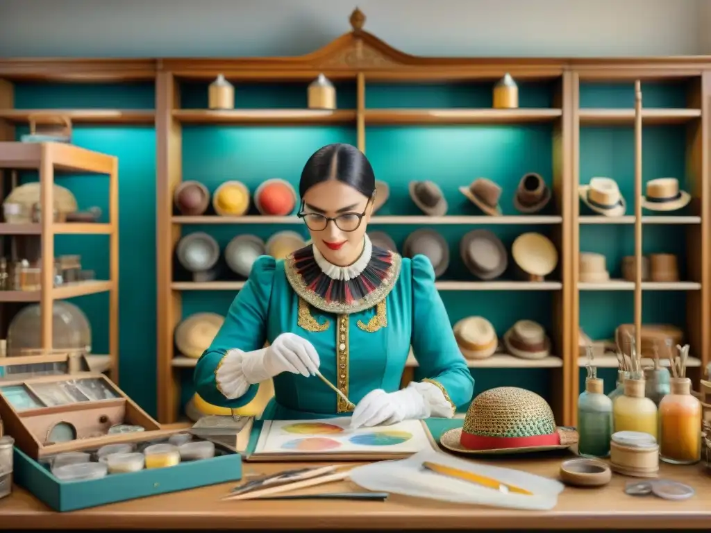 Restauración detallada de traje histórico en acuarela Un conservador restaura con cuidado un traje histórico de Carnaval rodeado de herramientas de preservación