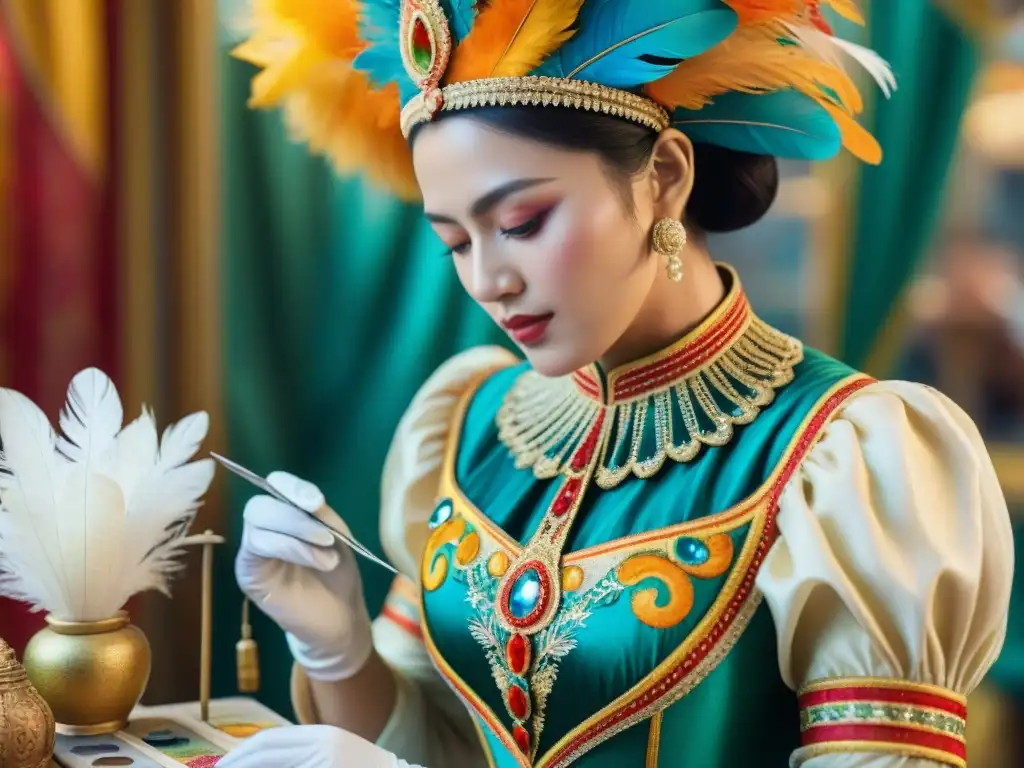 Restauración detallada de traje de carnaval histórico Un conservador cuidadoso restaura un traje histórico de Carnaval con plumas y bordados, rodeado de herramientas