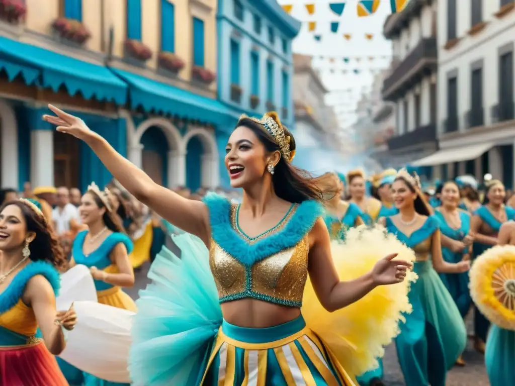 Desfile vibrante de Carnaval en Uruguay Fotografía contemporánea del Carnaval Uruguayo: Coloridos bailarines desfilan entre la multitud en las calles festivas