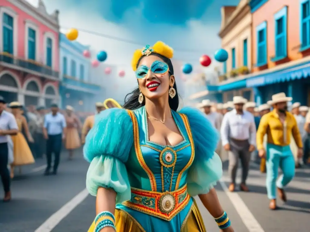 Carnaval en Uruguay: Baile y color en las calles Fotografía contemporánea del Carnaval Uruguayo: Desfile colorido y bullicioso con danzas tradicionales y confeti en el aire