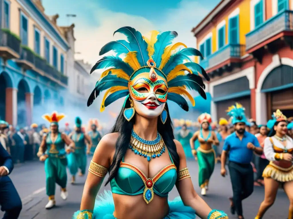Carnaval Uruguayo: Fiesta de colores y alegría Fotografía contemporánea del Carnaval Uruguayo: Una escena vibrante con colores, música y baile en las calles