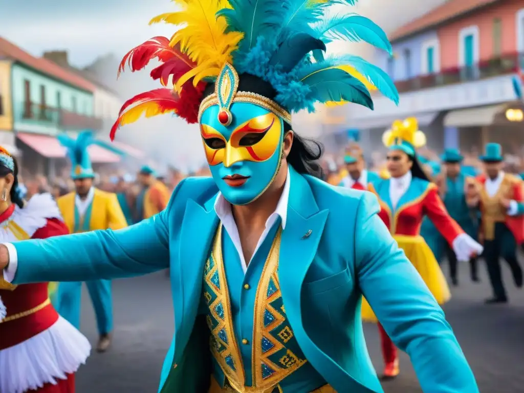 Fiesta del Carnaval Uruguayo: colores vivos y danzas enérgicas Fotografía contemporánea del Carnaval Uruguayo: una escena vibrante con coloridos trajes, máscaras y bailarines enérgicos