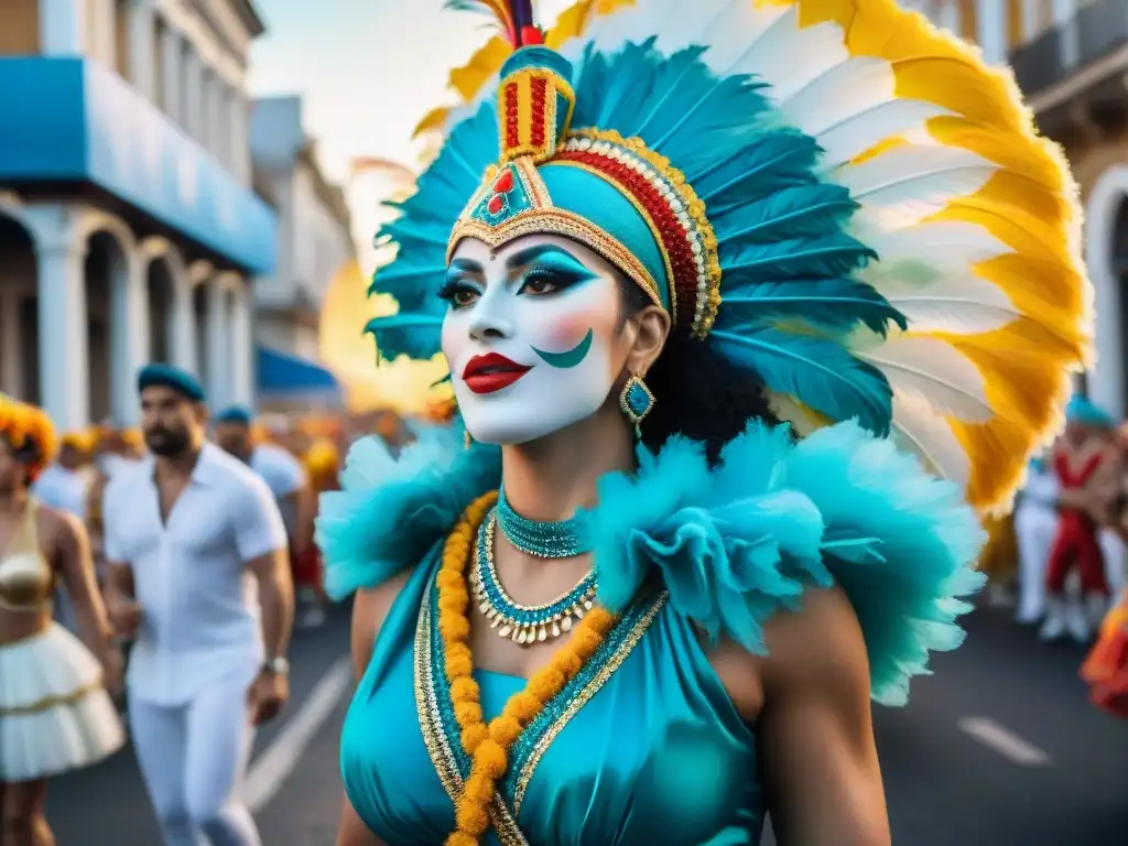 Pasión de coreógrafos del Carnaval desfilando en Uruguay con trajes coloridos y carros alegóricos
