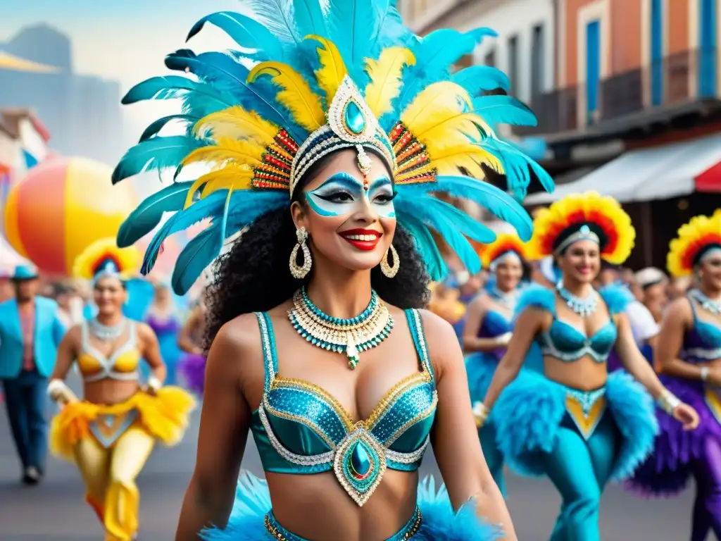 Deslumbrantes trajes de Carnaval en Uruguay Creación de vestuario para Carnaval: Coloridos trajes de Carnaval uruguayo en desfile festivo