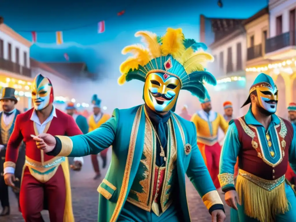 Carnaval Uruguayo: noche estrellada de fiesta y color Cuadro acuarela del Carnaval Uruguayo noche estrellas: coloridos trajes, baile alegre y máscaras bajo la luna