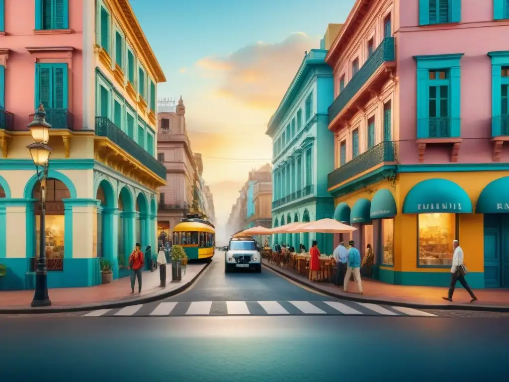 Parodistas uruguayos en Montevideo: acuarela vibrante Un cuadro de acuarela detallado que muestra a talento oculto parodistas uruguayos en una esquina bulliciosa de Montevideo