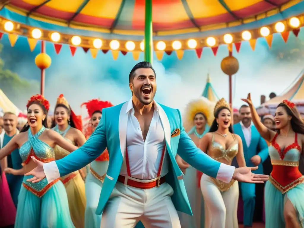 El Sabalero en el Carnaval: Pasión y Color Un cuadro acuarela detalla al 'El Sabalero' en el Carnaval, cantando apasionado