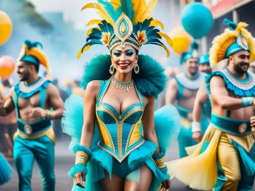 Colorida pintura acuarela de Carnaval en Uruguay Un cuadro acuarela vibrante de artistas de carnaval con accesorios originales, celebrando la alegría del Carnaval Uruguayo