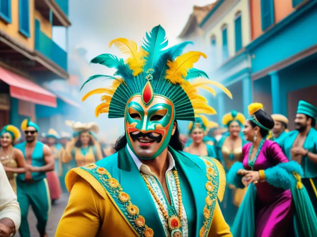 Cuadro acuarela del Carnaval Uruguayo: colorida fiesta callejera Un cuadro acuarela vibrante del Carnaval Uruguayo, con trajes coloridos, bailarines energéticos y atmósfera alegre