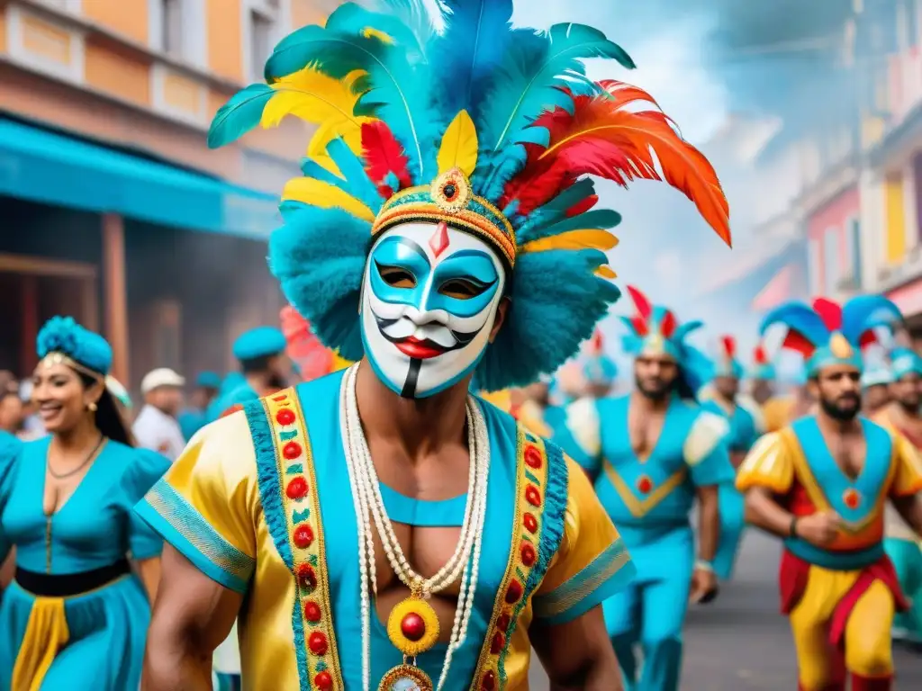 Esencia del Carnaval Uruguayo en Acuarela Un cuadro acuarela vibrante capturando la esencia del Carnaval Uruguayo, con trajes coloridos, máscaras intrincadas y música alegre
