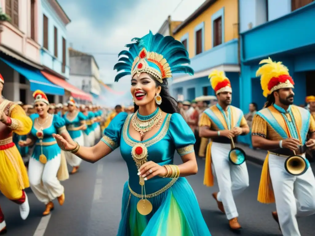 Danza alegre en Carnaval Uruguayo con música electrónica y coloridos trajes tradicionales
