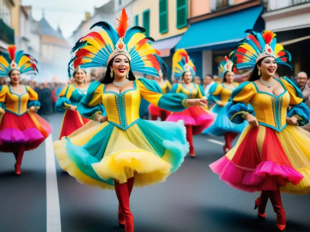 Baile alegre: danza tradicional uruguaya en vibrante acuarela Danza alegre de Carnaval Uruguayo con colores vibrantes y movimientos dinámicos, ideal para aplicaciones aprender bailar Carnaval Uruguayo