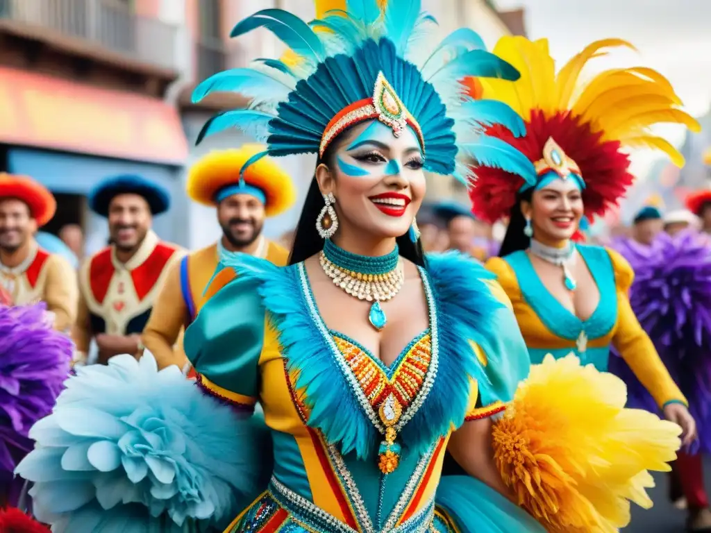 Deslumbrante Carnaval Uruguayo: Danzas y Colores Danza colorida en Carnaval Uruguayo con trajes sostenibles y detallados