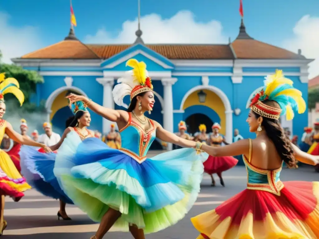 Coloridas bailarinas de carnaval en Uruguay frente a un museo histórico Danza colorida de Carnaval Uruguayo en museo histórico con riqueza cultural