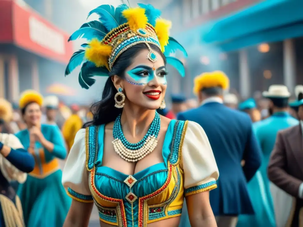 Carnaval Uruguayo: Diversión y Color en las Calles Danzantes coloridos celebran el Carnaval Uruguayo, atracción turística, entre la multitud y la música tradicional