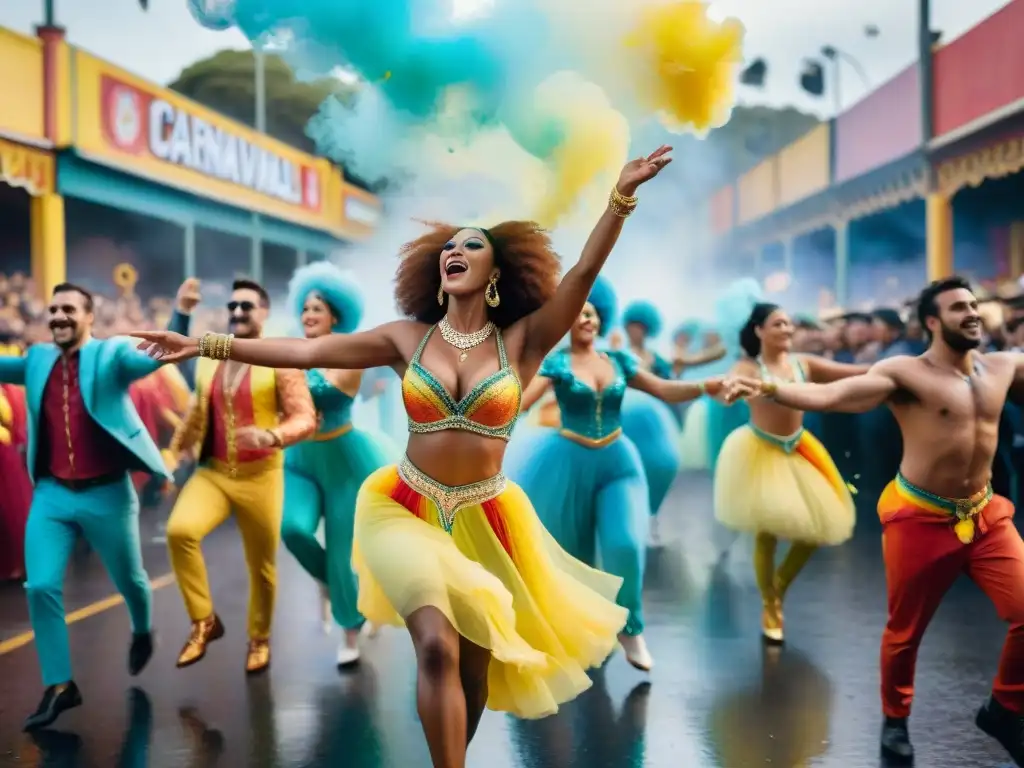 Danzas vibrantes en el Carnaval Uruguayo Danzarines de carnaval en vibrante acrobacia, transmitiendo mindfulness para artistas en Carnaval