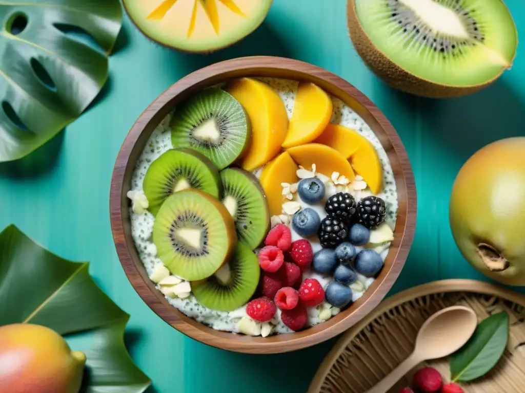 Exótica smoothie bowl en la jungla: postCarnaval refresh Deliciosa bowl tropical rodeada de frutas exóticas en la selva, ideal para recuperación muscular postCarnaval alimentos