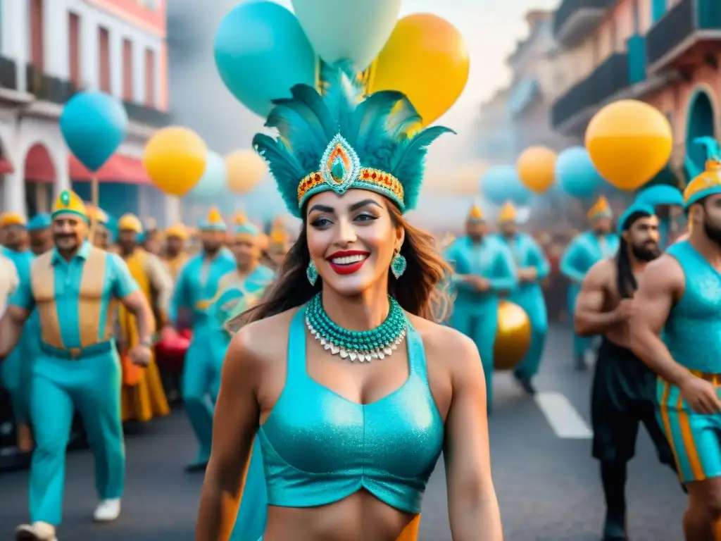 Carnaval en Uruguay: desfile vibrante y colorido Desfile alegre de Carnaval en Uruguay con coloridos carros alegóricos, bailarines y espectadores felices