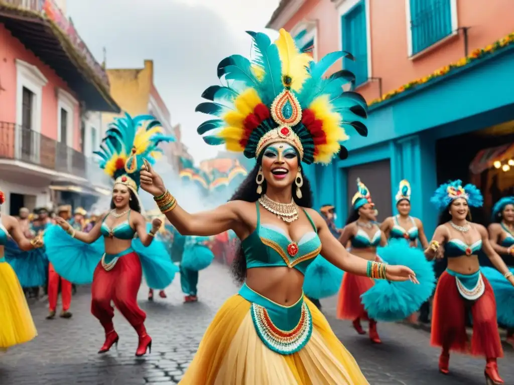 Desfile vibrante de Carnaval en Uruguay: alegría y color Desfile alegre en el Carnaval Uruguayo, con músicos y bailarines en trajes coloridos